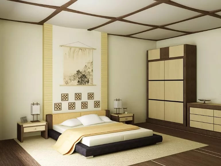 Trang trí phòng ngủ phong cách Nhật Bản với giường thấp, tranh treo tường và tủ gỗ hiện đại